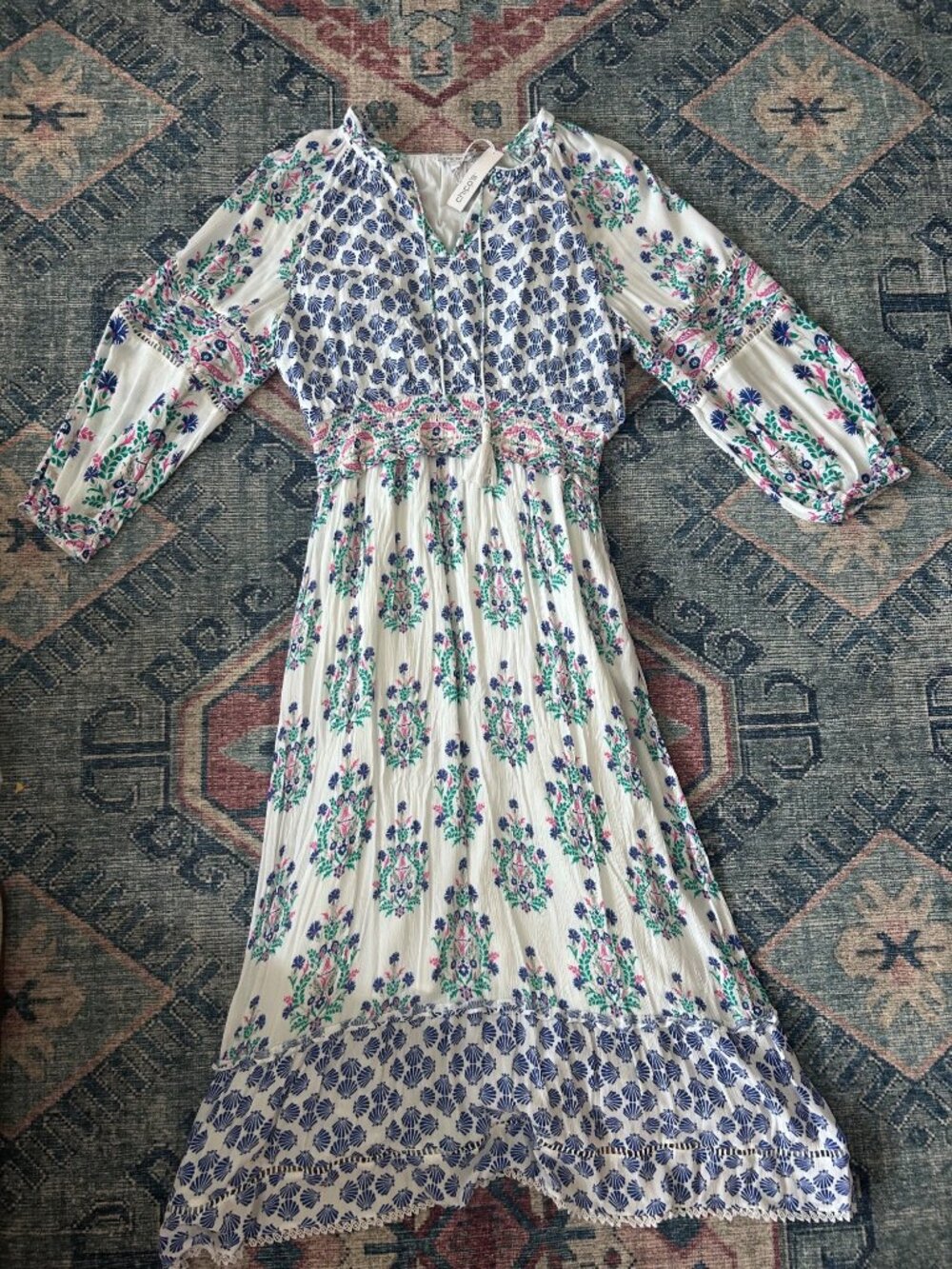 NWT Chicos Floral Shell Maxi Dress Size LSmocked Waist Rayon/Cotton White Multi